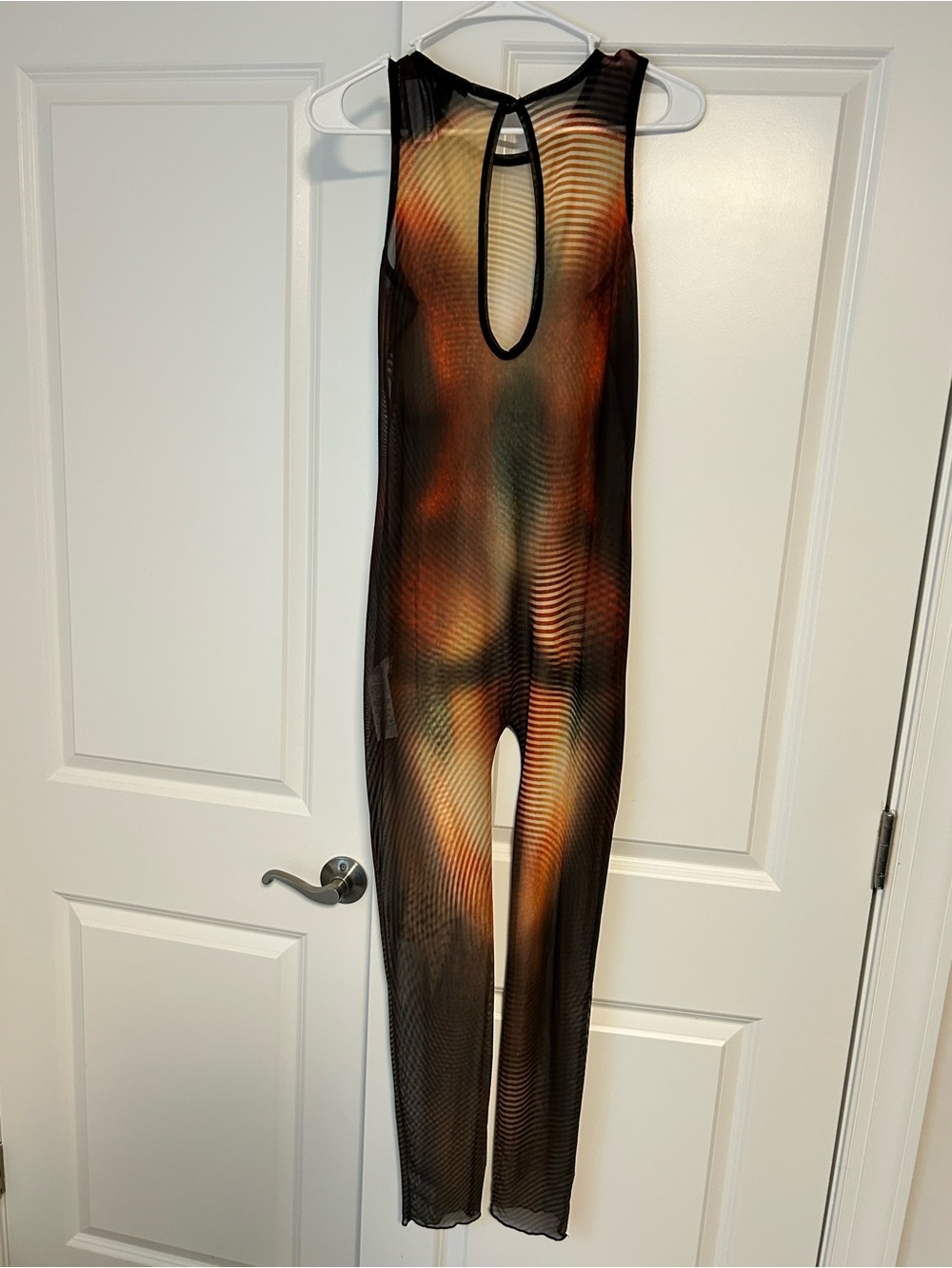 PrettyLittleThing Black Mesh Jumpsuit with Orange Tie-Dye